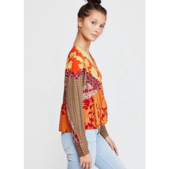 Free People Aloha State of Mind Patchwork Top Flower Detail Drapey Orange Yellow - Picture 7 of 14